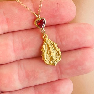 Gold Mary Miraculous Charm Necklace Sterling Silver Red Cz Heart ...
