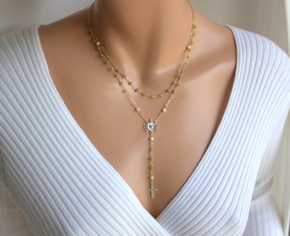 Labradorite Pearl Rosary Necklace Two Tone Gold Silver Seven Swords of Mary Sacred Heart Cross Necklaces Miraculous Double Layer Rosarie