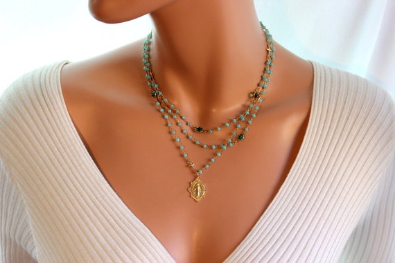 Gold Miraculous Medal Necklace Women Aqua Green Swarovski Multi Strand Rosary Necklaces Catholic Jewelry Gift Mom