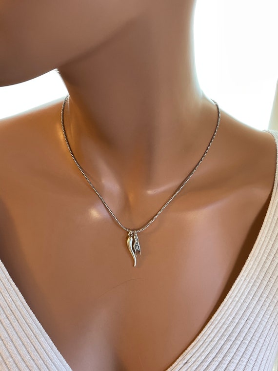Oxidized Sterling Silver Mano Cornuto Charm Necklace Rope Chain