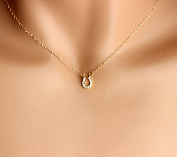 Sterling Silver Horseshoe Charm Necklace Gold Filled Small Crystal Lucky Women Girls Colts Necklaces Minimalist Simple Jewelry Gift for Her