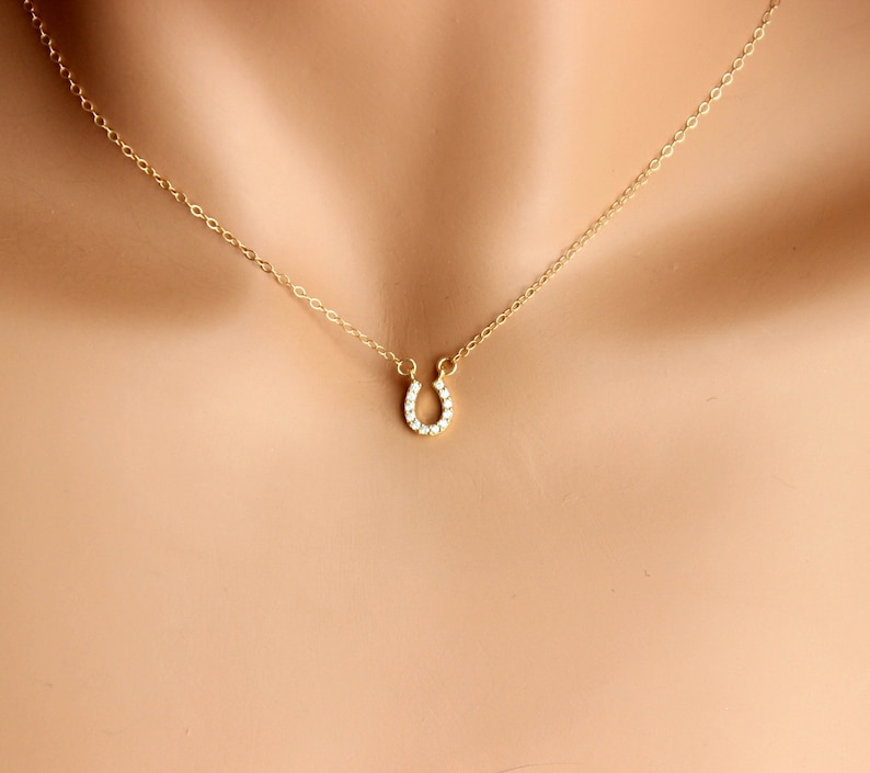 Lucky Horse Shoe Necklace Gold Filled Small Crystal Pendant Image 0