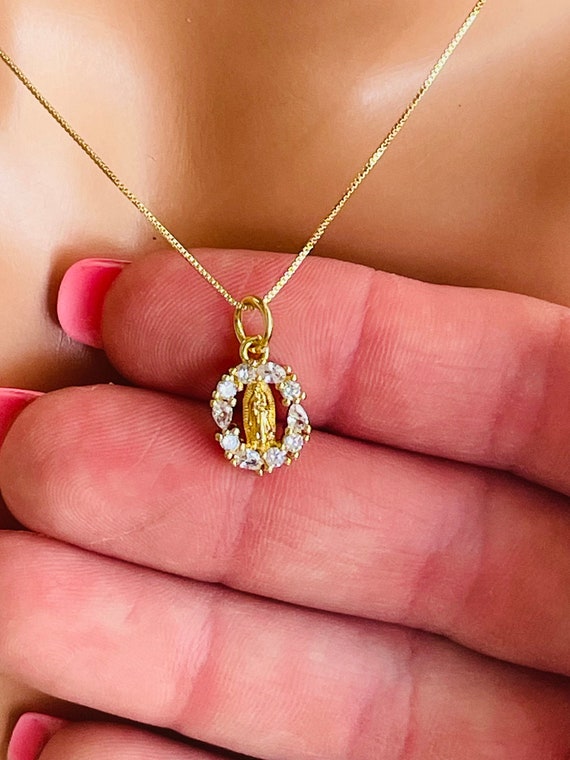 Dainty 14k gold filled our lady of Guadalupe charm necklace, women girls, box chain  CZ Virgin Mary pendant necklaces small tiny Mary charm