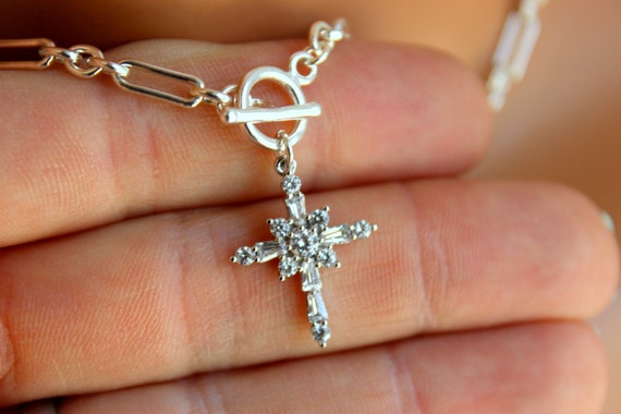 Sterling Silver Cross Choker Necklace Women 925 Crystal Cross Charm Chunky Chain Gold  Cz  Thick Chain Necklaces