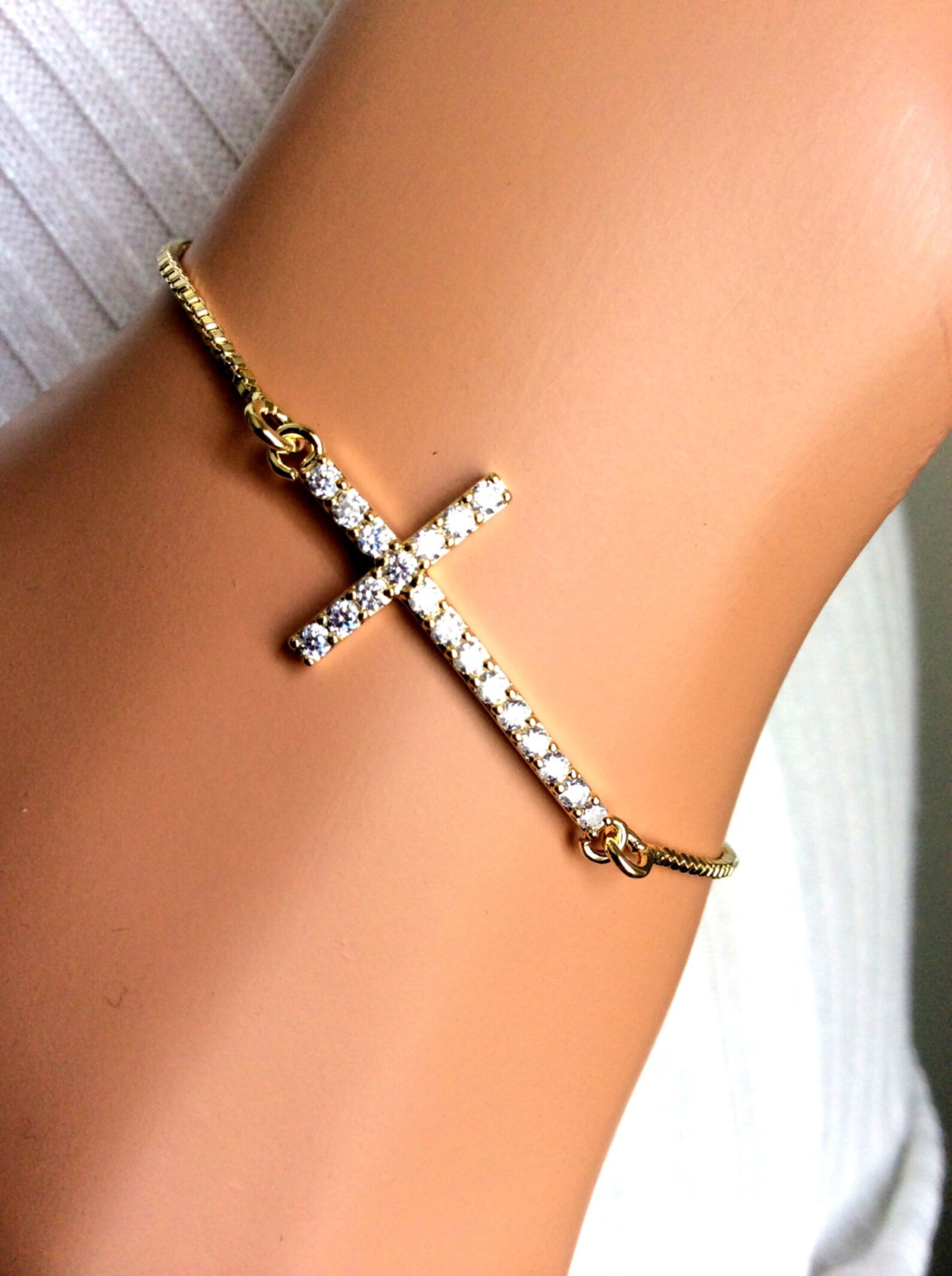 Cross Bracelet Gold Filled Women Sideways Large Crystal Crosses 14kt