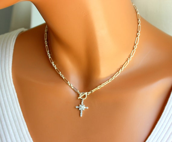 BEST SELLER Sterling Silver Cross Choker Necklace Women 925 Crystal Cross Charm Chunky Chain Gold  Thick Chain Necklaces