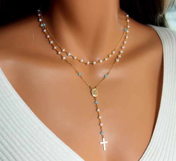 Necklace Rosary Women  14kt Gold Filled Cross Necklaces Miraculous Double Layer Freshwater Pearls Rosaries Custom made
