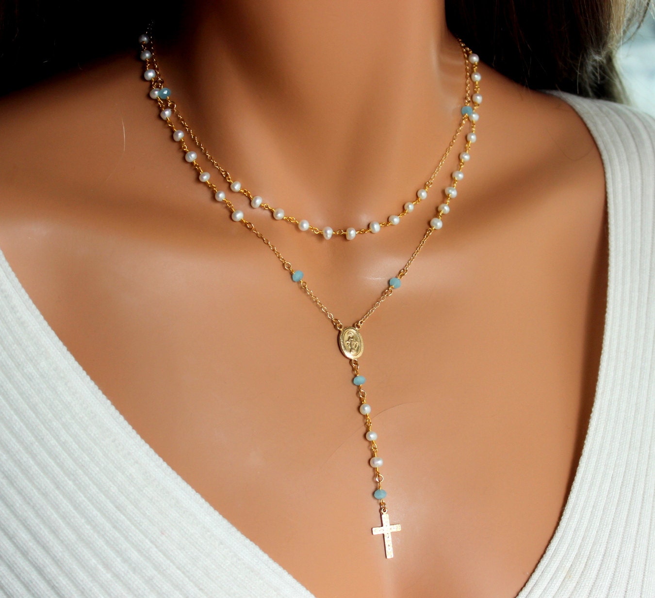 Necklace Rosary Women 14kt Gold Filled Cross Necklaces Etsy