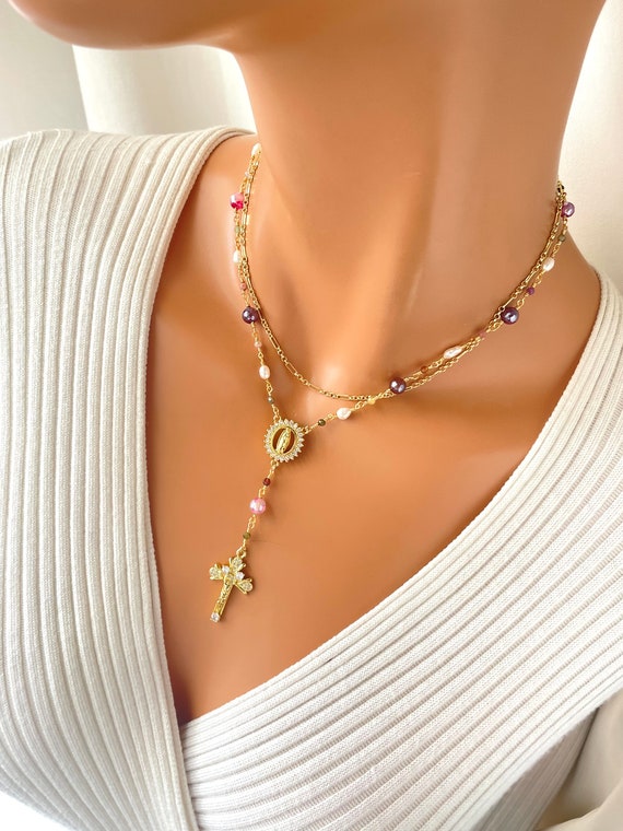 Gold rosary necklace women Mary Jesus crucifix, crystal cross charm necklaces, pink pearl rosaries 14K gold filled necklace gift for mom