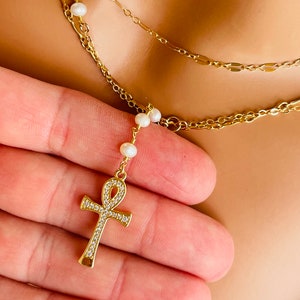 Gold Ankh Necklace Women Pearl Necklace Double Choker Multi Strand Necklaces Egyptian Jewelry READ BELOW on how to order set image 6