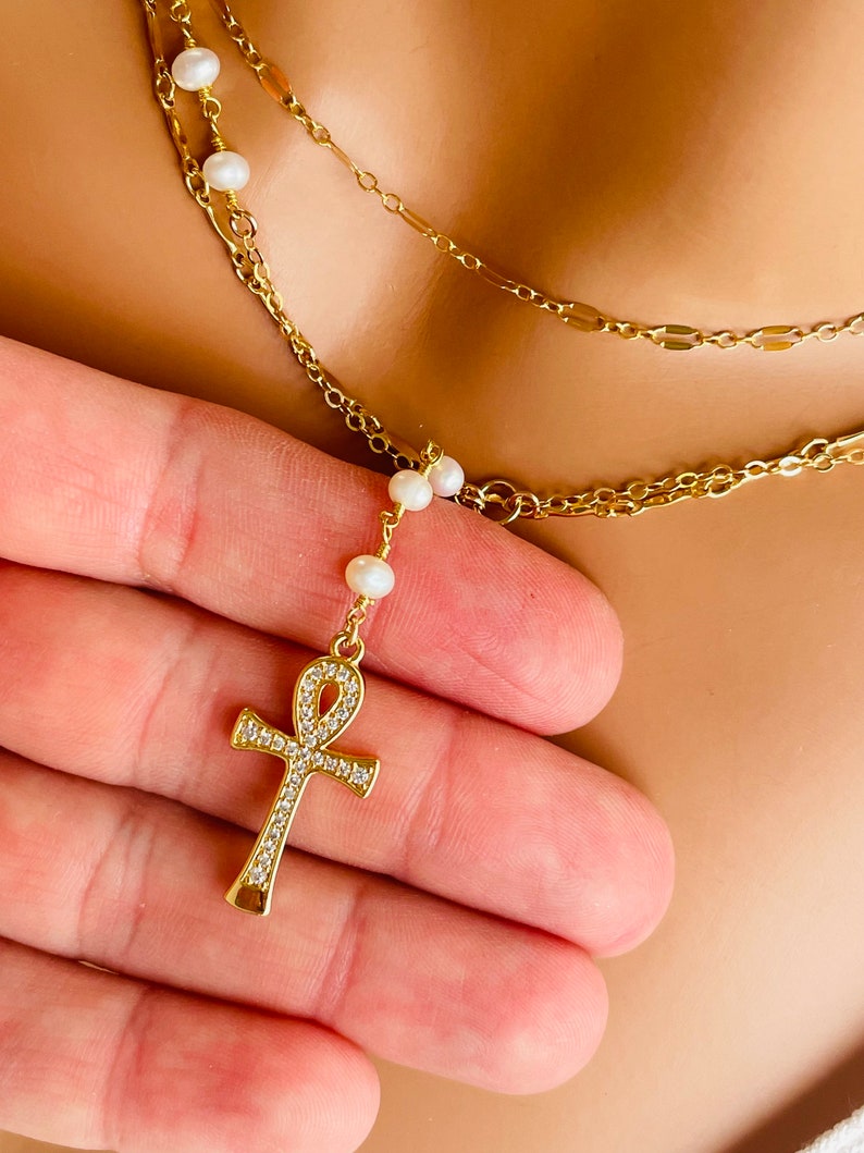 Gold Ankh Necklace Women Pearl Necklace Double Choker Multi Strand Necklaces Egyptian Jewelry READ BELOW on how to order set image 6