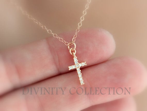 Rose Gold Filled Cross Necklace Small Tiny Dainty Crystal Pendant Women Quality Silver Little Girls Necklaces  Delicate Jewelry gift