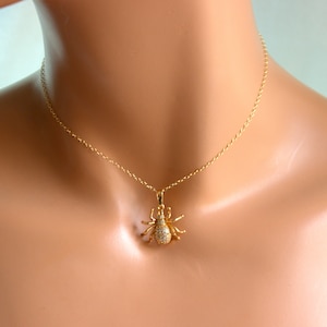 May include: A gold chain necklace with a sparkling spider pendant. The spider is made of gold and has clear stones for eyes.
