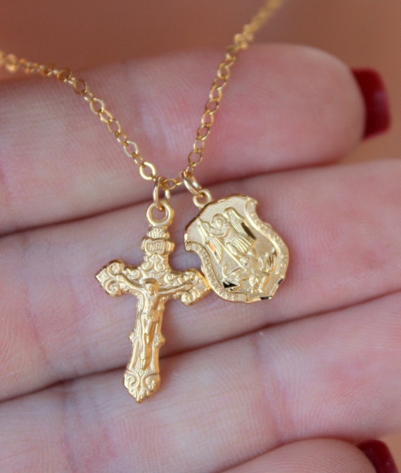 Gold Saint Michael Crucifix Double Charm Necklace Small Dainty Pendant Necklaces Sterling Silver Protection Jewelry Women Confirmation Gift