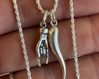 Sterling Silver Hand Horn Necklace Mano Cornuto Rope Chain 925