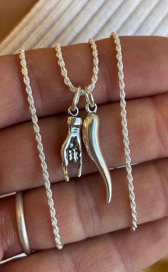 Sterling silver hand horn necklace mano cornuto Rope Chain 925 Silver Cornicello Necklace Italian Horn Hand Pendant Necklace Gift