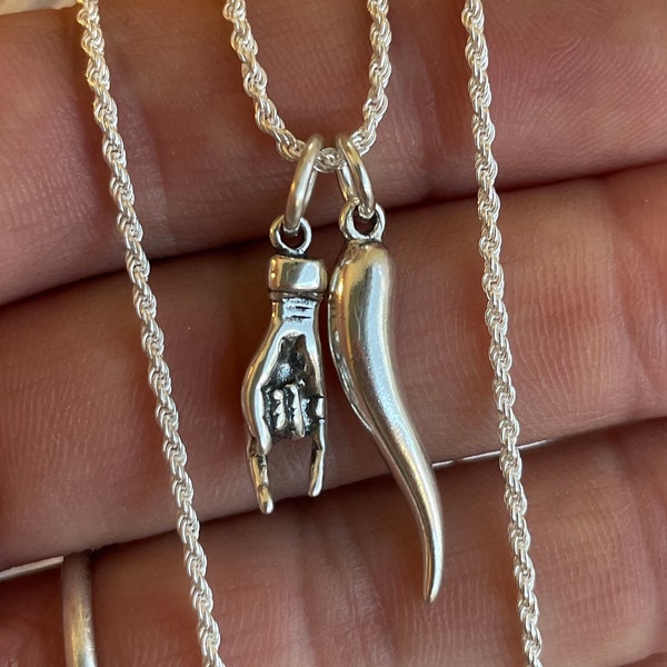 Solid 925 Sterling Silver Italian Horn Pendant (Cornicello) - 40mm Luck Charm For Men & Women