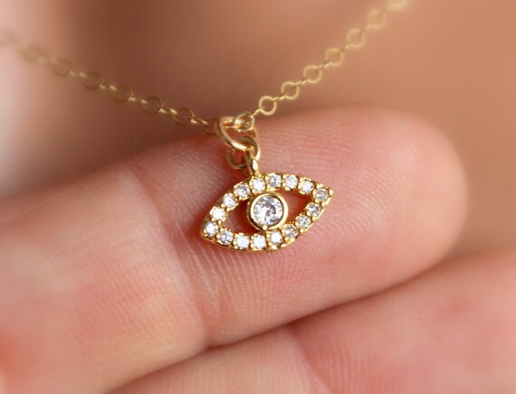 Dainty Evil Eye Charm Necklace Gold Evil Eye Nwecklace Small Crystal Eye Charm Women Little Girls Jewelry