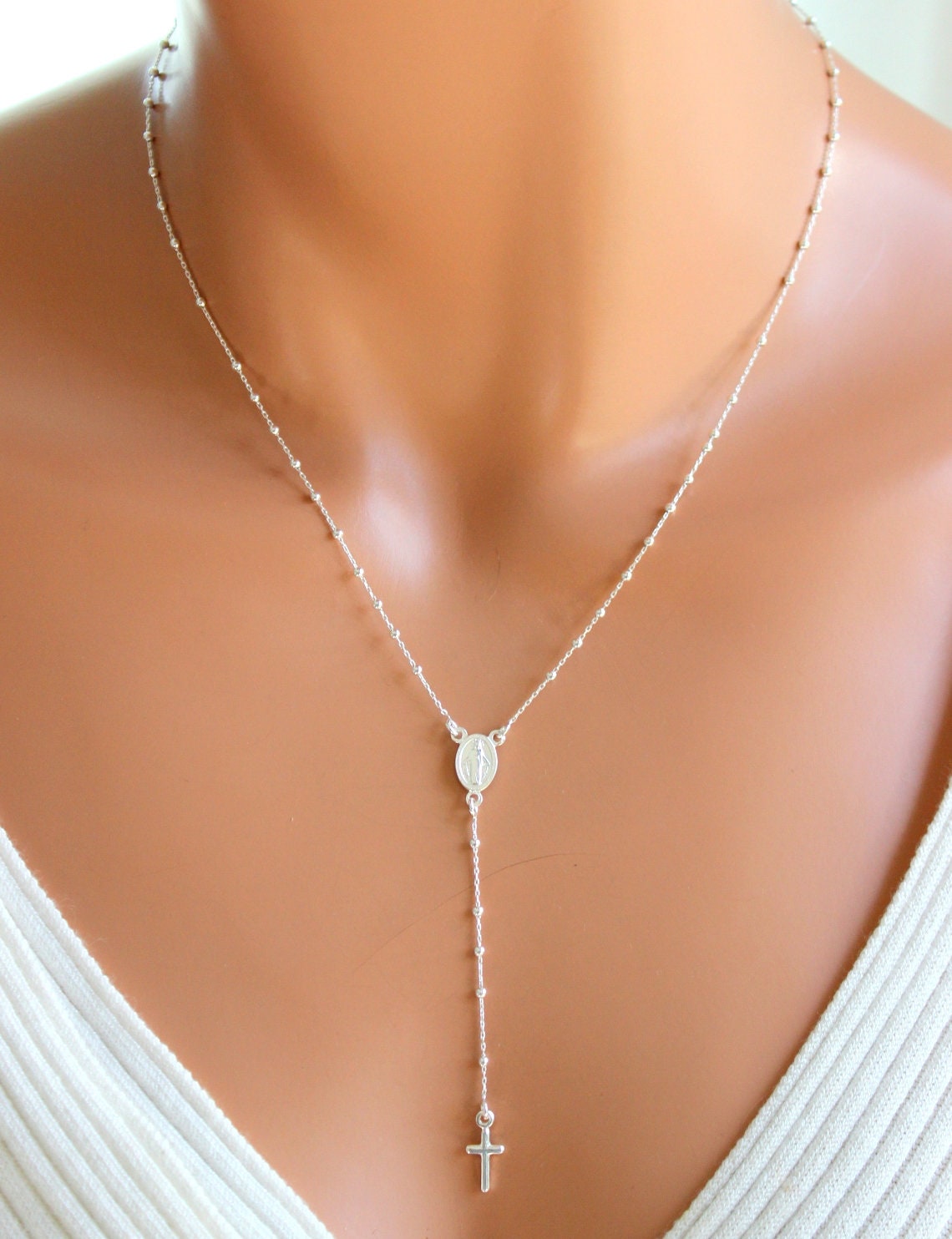 Sterling Silver Rosary Necklace Dainty 