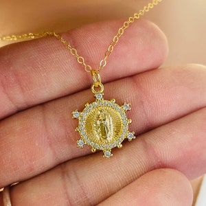 Our Lady of Guadalupe Charm Necklace 14k Gold Filled Dainty Guadalupe Charm Necklaces Small CZ Mary pendant Tiny Religious Jewelry Gift