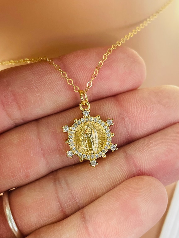 Our Lady of Guadalupe Charm Necklace 14k Gold Filled Dainty Guadalupe Charm Necklaces Small CZ Mary pendant Tiny Religious Jewelry Gift