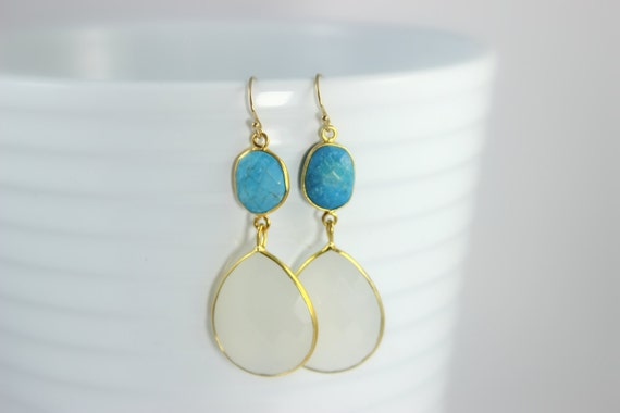 Turquoise Earrings White Chalcedony Gemstone Drop Gold Filled Earring Chandelier Sparkling Dangling Gemstone