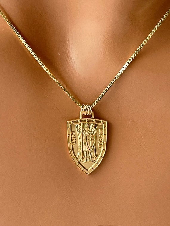 Gold Saint Michael Necklace Women 925 Silver St Michael shield BOX chain Protection necklace Catholic confirmation gift women girls boys