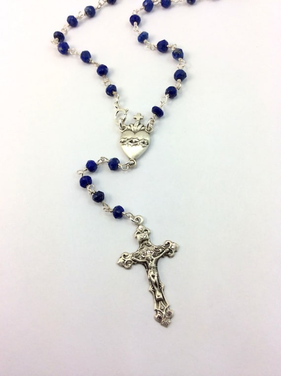 Rosary Necklace Sterling Silver Blue Lapis Sacred Heart Crucifix Cross Custom Jewelry Women Men Lariat Y Style  Necklaces Gift