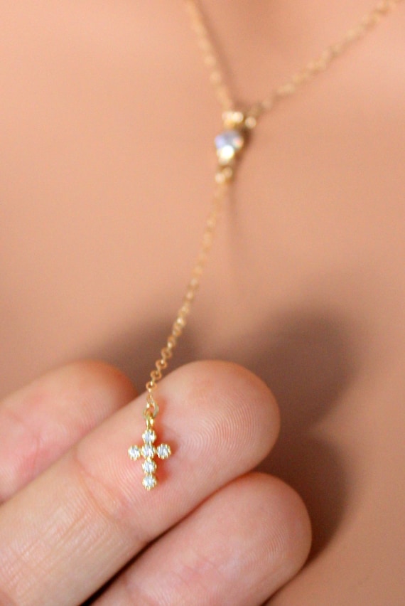 Dainty Rosary Necklace Gold Filled Tiny Small Crystal Cross