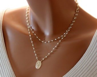 Gold Miraculous Medal Necklace Women Pearl Necklaces Catholic Jewelry Multi strand Virgin Mary Pendant Gift