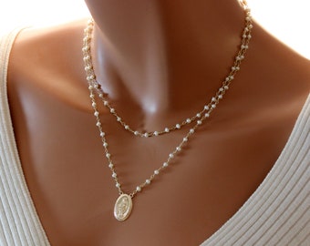 Gold Filled Miraculous Medal Necklace, Freshwater Pearl Catholic Jewelry