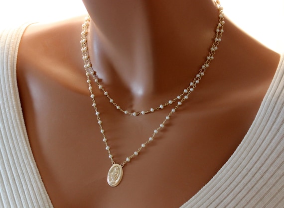 Gold Miraculous Medal Necklace Women Pearl Necklaces Catholic Jewelry Multi strand Virgin Mary Pendant Gift