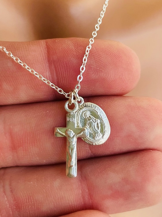 Sterling Silver Miraculous Crucifix Double Charm Necklace Jewelry Catholic Confirmations Gift Religious Two Charms Necklaces Sest Seller