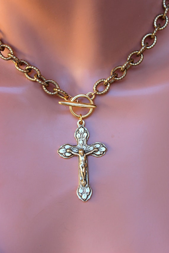 Antique Gold Crucifix Choker Necklace Women Men Large Crucifix Cross Pendant Necklaces Thick Steel Chain Large Link Catholic Jewelry Gift