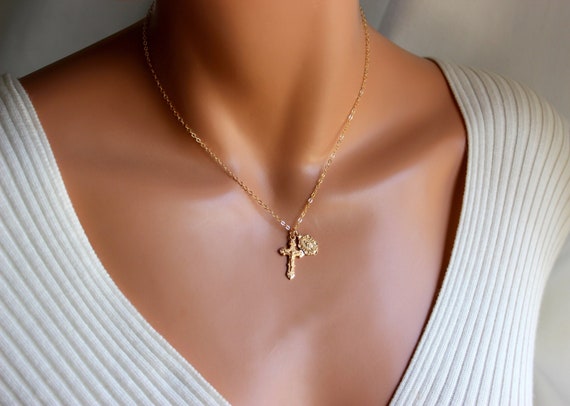 BEST SELLER Gold Crucifix Cross Necklace Women Miraculous Sterling Silver Double Charm Necklaces Catholic Jewelry Confirmation Gift Small