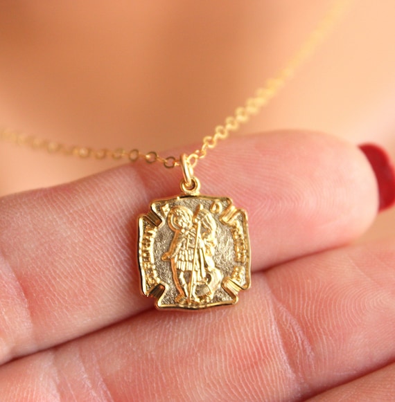 Gold Saint Florian Charm Necklace Women Sterling Silver Saint Florian Necklaces Catholic Religious Patron Saint of Firefighters Protection