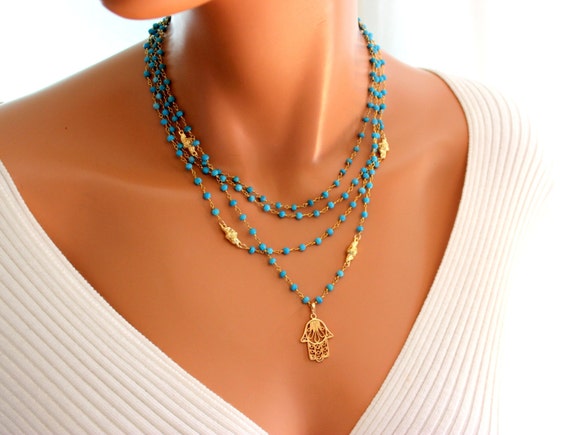 Hamsa Necklace Multi Strand Necklaces  Gold Turquoise Jewelry Women Hand of Fatima Protection Amulet Evil Eye Kabbalah