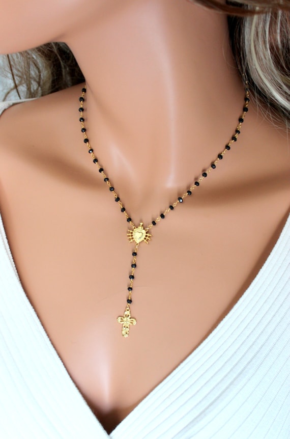 Black Rosary Necklace Seven Sarrows of Mary Gold Sterling Silver Cross Pendant Religious Catholic Jewelry