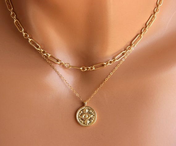 BEST SELLER Evil Eye Necklace, Gold Coin Chain Set | Gold Charm Necklace Set | Layered Link Chain | Thick Chain 14K Gold Filled | Chain Set