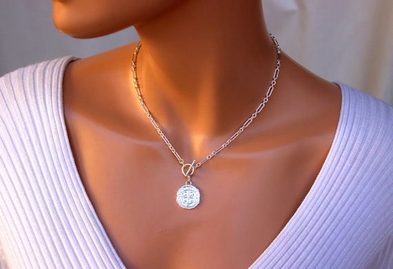 BEST SELLER Sterling Silver Ancient Coin Necklace San Benito Pendant Saint Benedict Cross Coin Thick Chuinky PaparClip Chain Long Short Gift