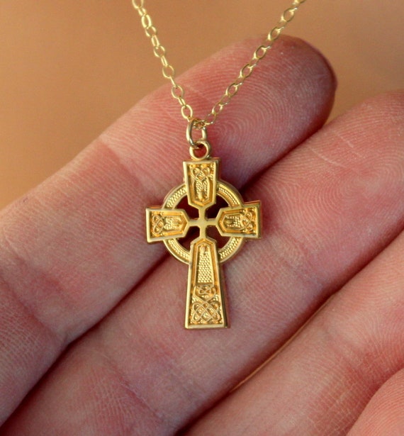 Gold Celtic Cross Necklace Women Irish Jewelry Crosses Gift Medium Size