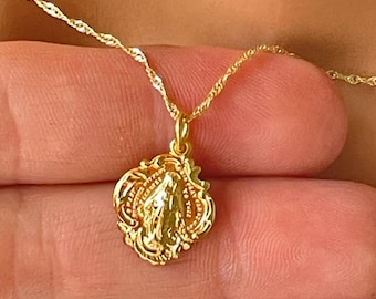 Delicado collar de medalla milagrosa de oro, dije pequeño de María, cadena Singapur