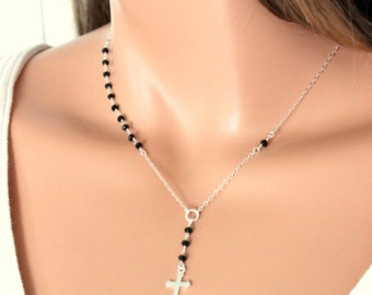 BEST SELLER Rosary Necklace Sterling Silver Black Crystals Y Style