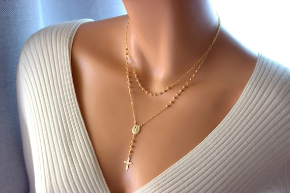 Gold Rosary Necklace Women Round Gold Filled Beads Double Strand Cross Necklaces Sterling Silver Miraculous Medal Double Layer Multi Strand