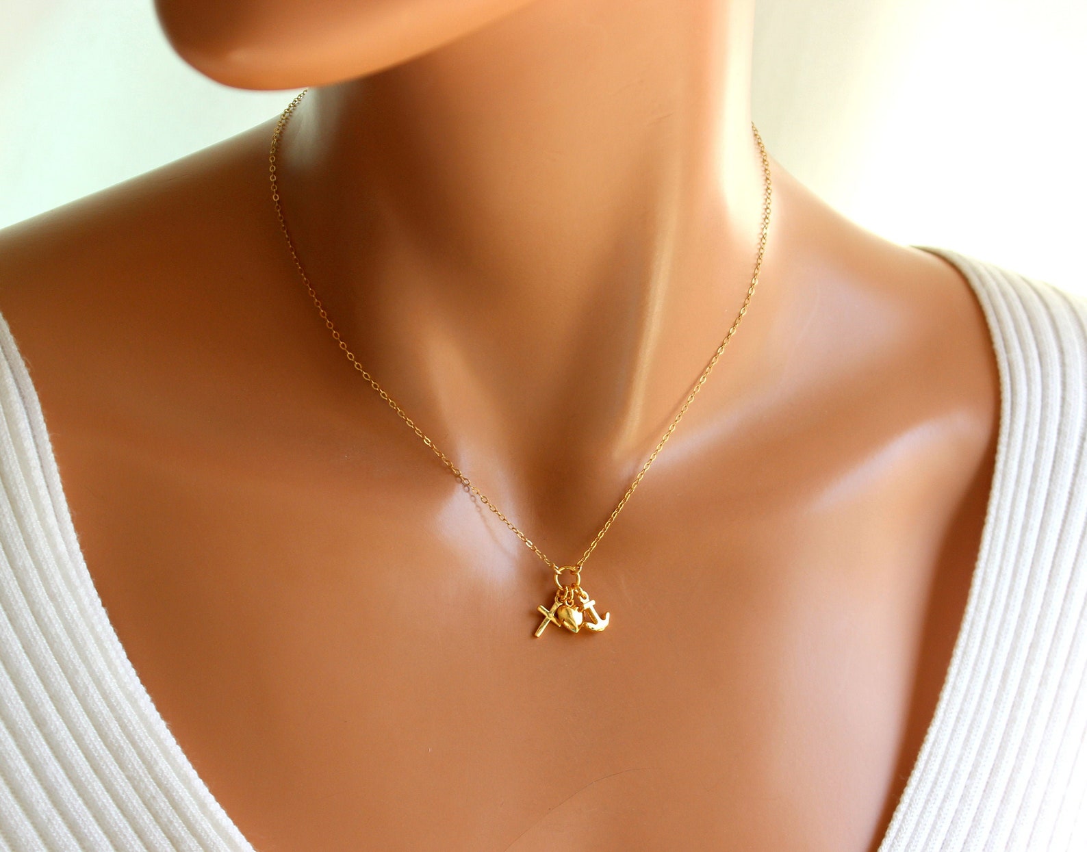Faith Hope Love Charm Necklace 14k Gold Filled Heart Anchor Etsy