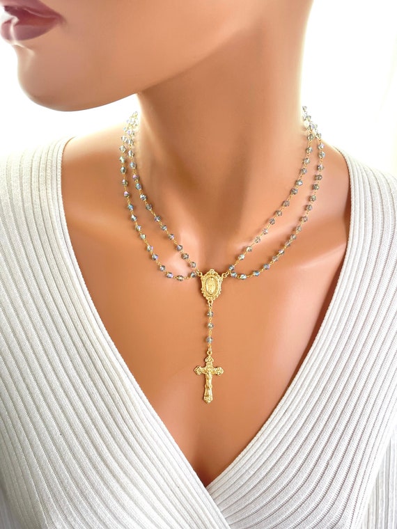 Gold rosary necklace miraculous Mary crucifix cross multi strand necklaces 14k gold filled chain Swarovski crystal blue sterling silver  mom
