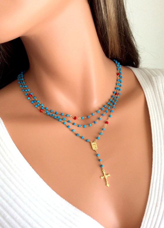 Rosary Necklace Turquoise Multi Layer Strand Crucifix Cross Custom Rosaries Women Jewelry Catholic Confirmation Gift Unique