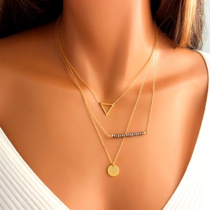 BEST SELLER Gold Multi Strand Necklace Women Sterling Silver Layered Chain Set  Triangle Bar Circle Pendant Jewelry Gift