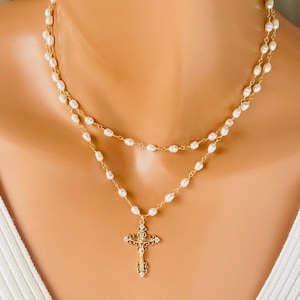 18K Gold Filled Multi Strand Pearl Necklace Crucifix Cross Pendant Jesus Catholic jewelry, gift for Mom