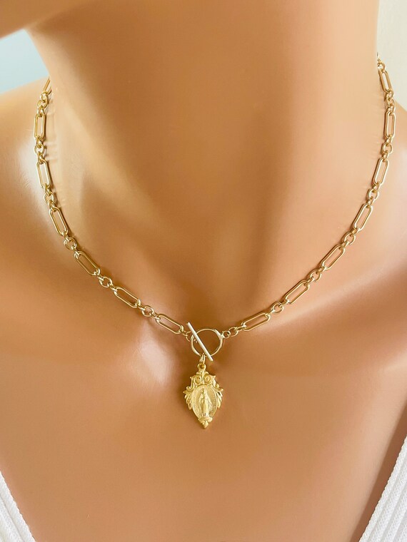 Gold Sterling Silver Virgin Mary Choker Necklace Gold Women Miraculous Pendant Thick Chunky Chain Toggle Catholic 16” length